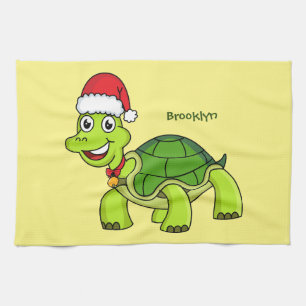 Cute happy tortoise wearing Santa hat Tea Towel