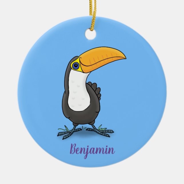 Cute happy toucan cartoon illustration ceramic ornament (Front)