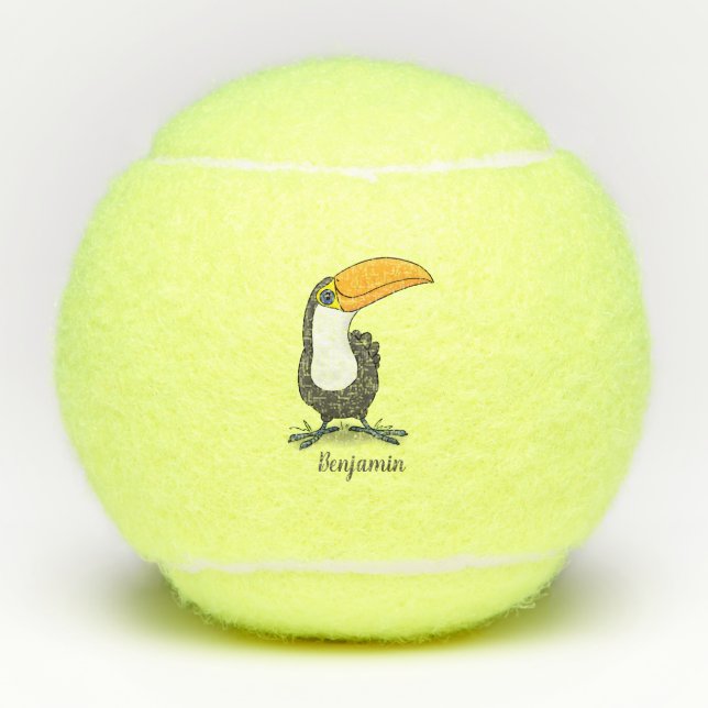 Cute happy toucan cartoon illustration tennis balls (Front)