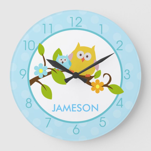 Cute Happy Tree Owls Round Wall Clock (Blue) (Front)