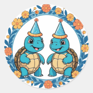 Cute Happy Turtle Birthday Party Classic Round Sticker