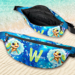 Cute Happy Turtle Boy Ocean Blue Name Bum Bags