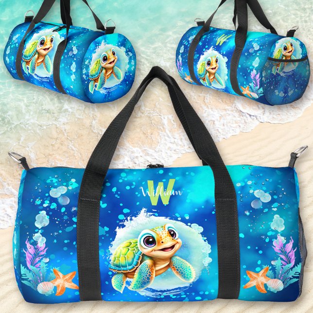 Cute Happy Turtle Boy Ocean Blue Name Duffle Bag (Cute Happy Turtle Boy Ocean Blue Name Duffle Bag)