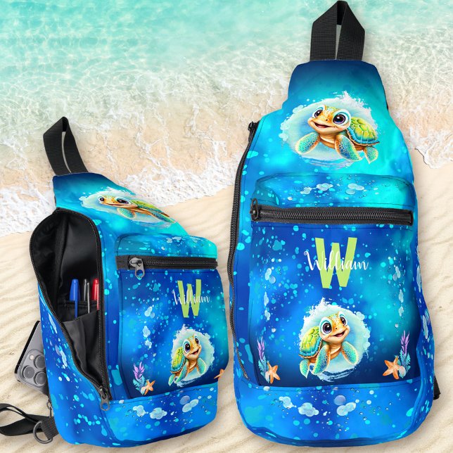 Cute Happy Turtle Boy Ocean Blue Name Sling Bag (Cute Happy Turtle Boy Ocean Blue Name Sling Bag)