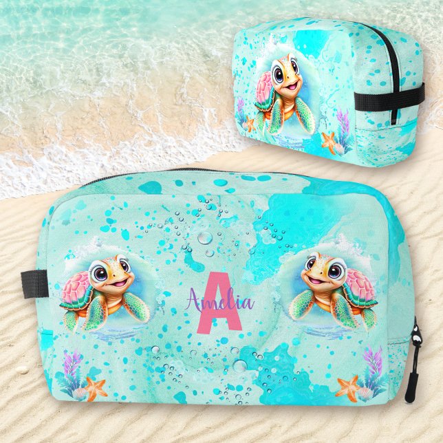 Cute Happy Turtle Girl Ocean Turquoise Pink Name Dopp Kit (Cute Happy Turtle Girl Ocean Turquoise Pink Name Dopp Kit)