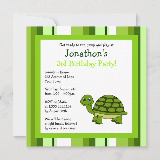 Cute Happy Turtle w/ Stripes Birthday Invite (Front)