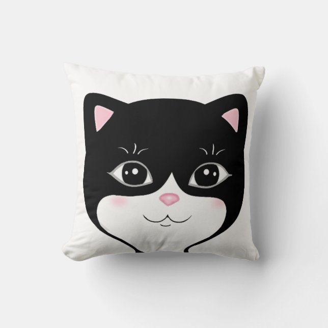 Cute Happy Tuxedo Cat Face Cushion (Front)