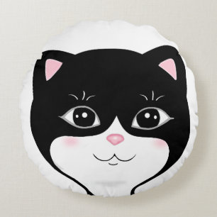 Cute Happy Tuxedo Cat Face Round Cushion