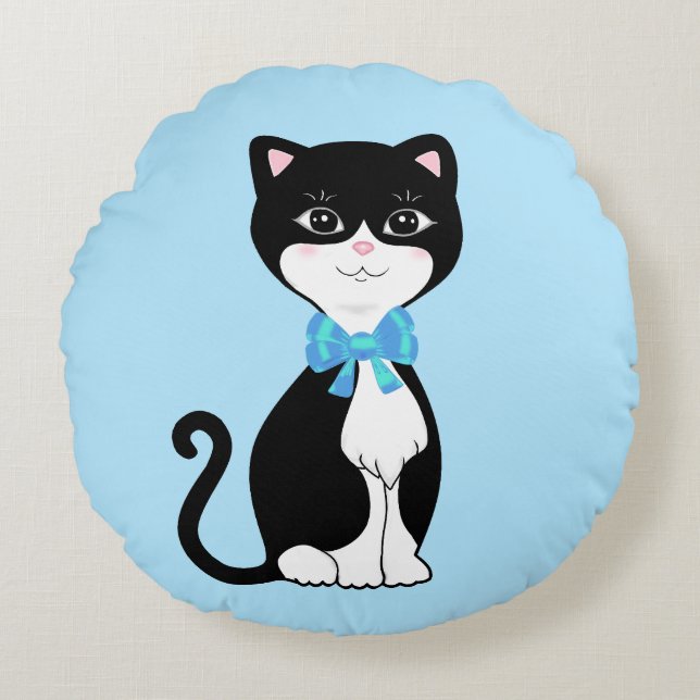 Cute Happy Tuxedo Cat on Light Blue Round Cushion (Front)