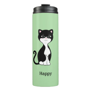 Cute Happy Tuxedo Cat on Light Green Thermal Tumbler