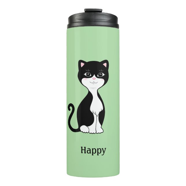 Cute Happy Tuxedo Cat on Light Green Thermal Tumbler (Front)