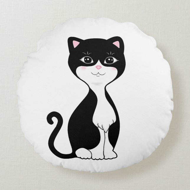 Cute Happy Tuxedo Cat Round Cushion (Front)