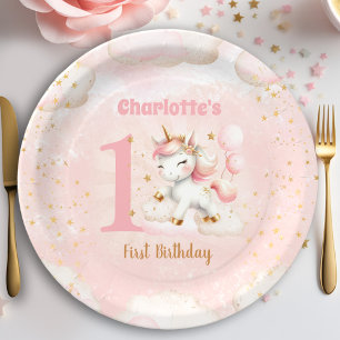 Cute Happy Unicorn Girl 1st Birthday Pink Beige Paper Plate