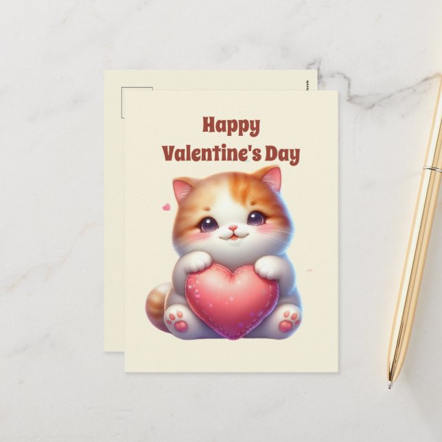 Cute Happy Valentine's Day cat kids Holiday Postcard (Front/Back In Situ)