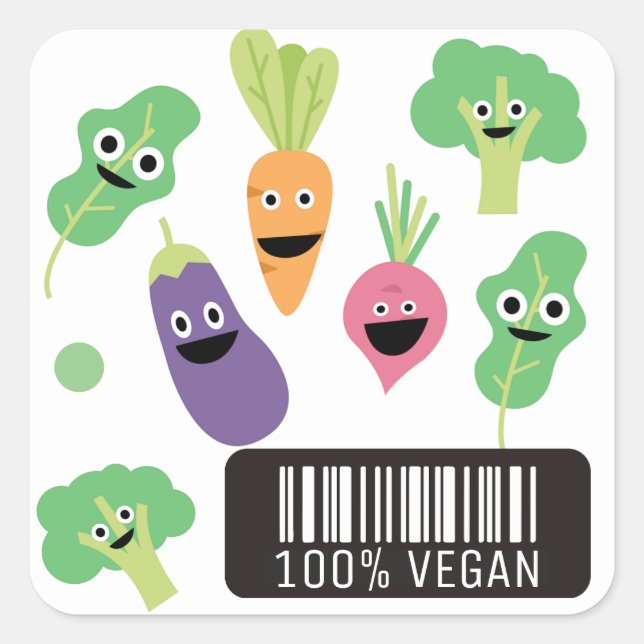 Cute Happy Vegetables 100% Vegan Square Sticker (Front)