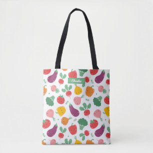 Cute happy veggies on white background tote bag