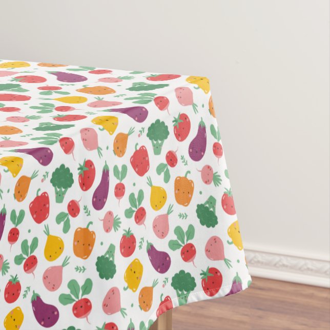 Cute happy veggies on white tablecloth (In Situ)