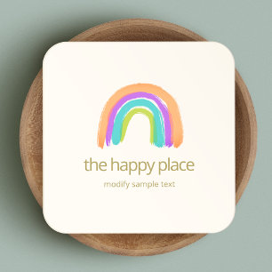 Cute Happy Watercolor Rainbow Square Business Card
