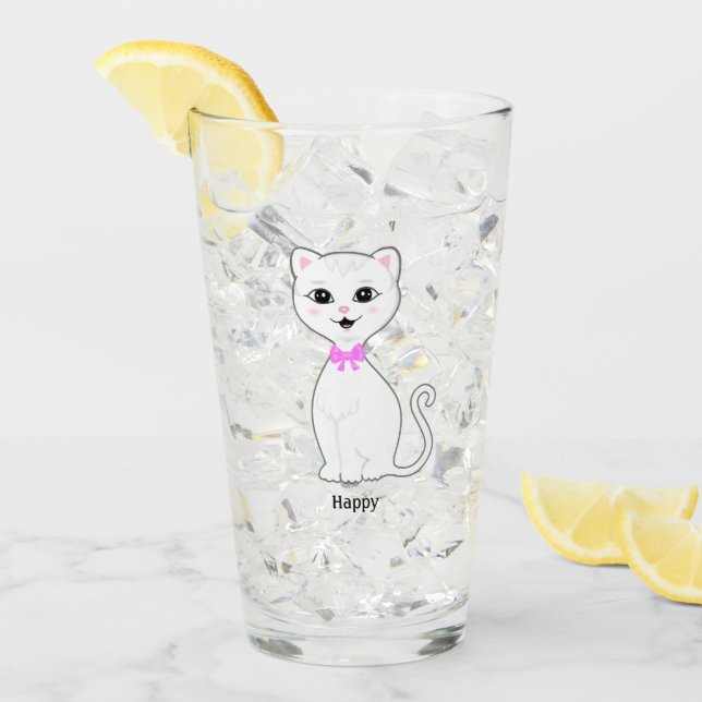 Cute Happy White Cat Cartoon Glass (Front Ice)