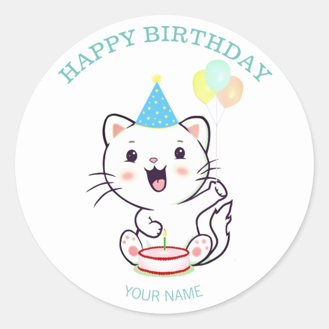Cute Happy White Cat with Balloons Birthday  Classic Round Sticker (Front)