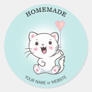 Cute Happy White Cat with Heart Balloon Homemade Classic Round Sticker