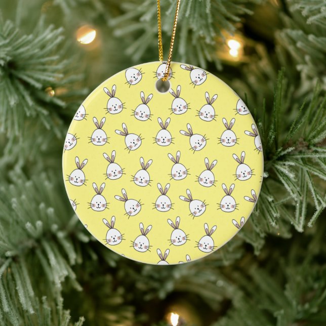 Cute Happy White Easter Bunny Pattern Ceramic Ornament (Tree)