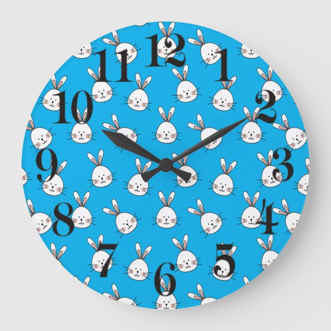 Cute Happy White Easter Bunny Pattern Large Clock (Front)
