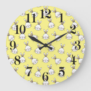 Cute Happy White Easter Bunny Pattern Large Clock