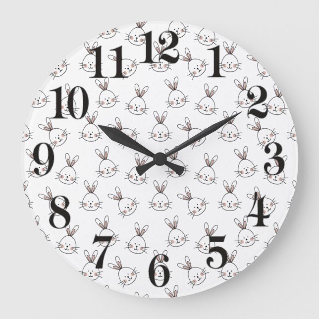 Cute Happy White Easter Bunny Pattern Large Clock (Front)