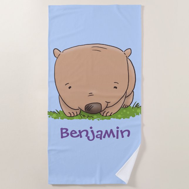 Cute happy wombat cartoon illustration beach towel (Front)