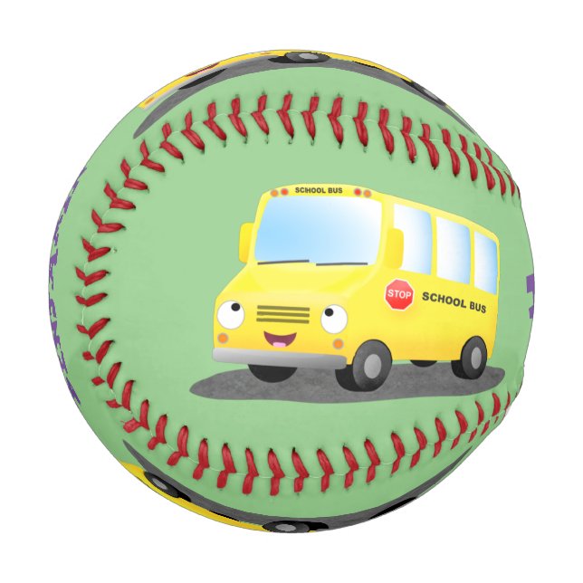 Cute happy yellow school bus cartoon baseball (Front Left)