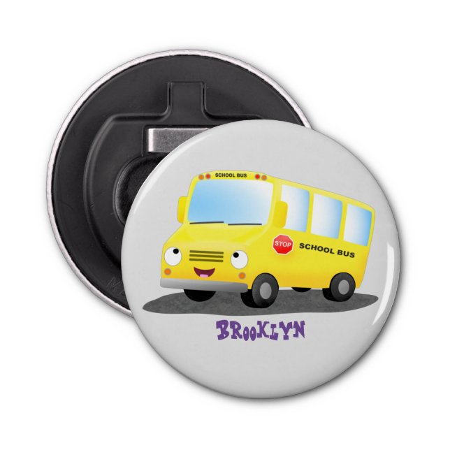 Cute happy yellow school bus cartoon bottle opener (Front)