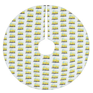 Cute happy yellow school bus cartoon brushed polyester tree skirt