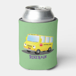 Cute happy yellow school bus cartoon can cooler