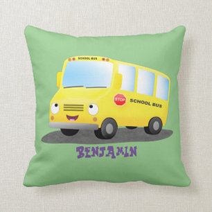 Cute happy yellow school bus cartoon  cushion