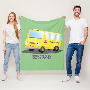 Cute happy yellow school bus cartoon fleece blanket