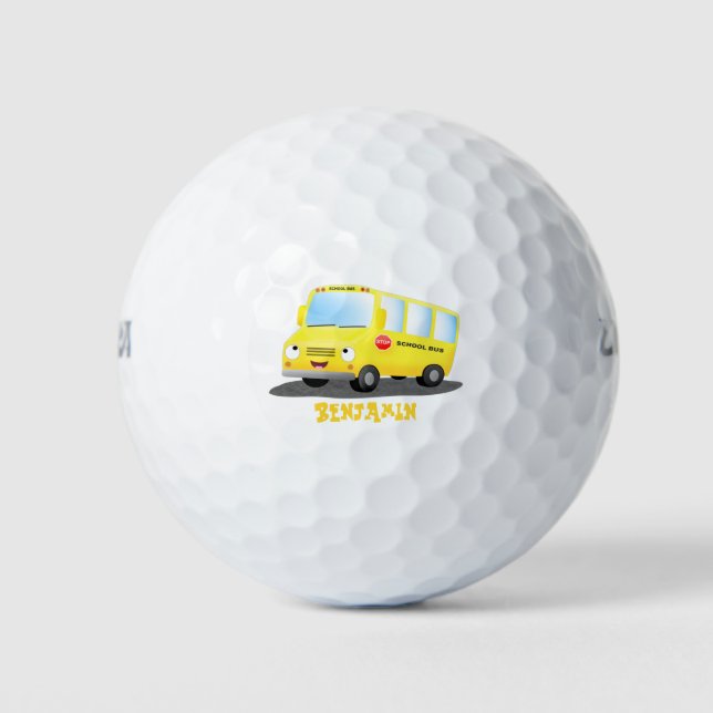 Cute happy yellow school bus cartoon golf balls (Front)