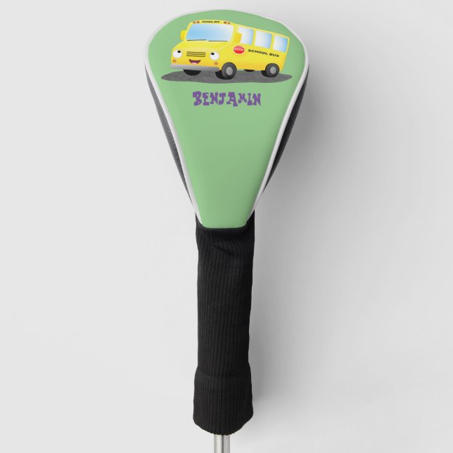 Cute happy yellow school bus cartoon golf head cover (Front)
