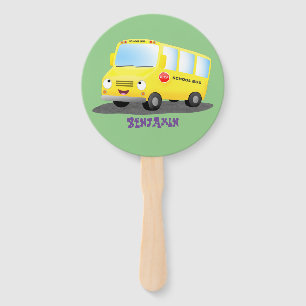 Cute happy yellow school bus cartoon hand fan