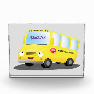 Cute happy yellow school bus cartoon photo block