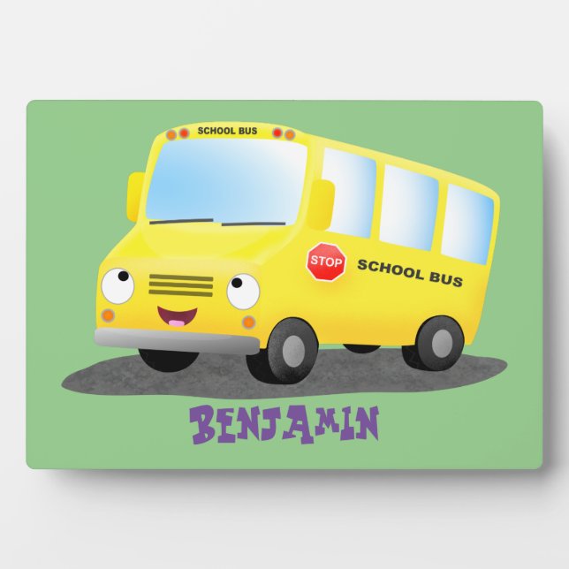 Cute happy yellow school bus cartoon plaque (Front)