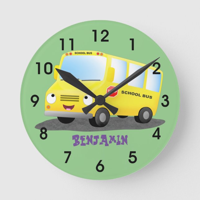 Cute happy yellow school bus cartoon round clock (Front)