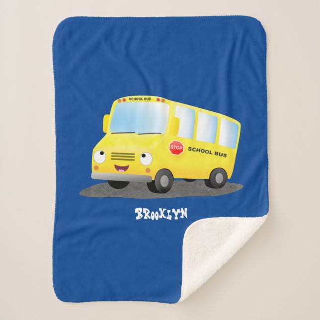 Cute happy yellow school bus cartoon  sherpa blanket (Front)