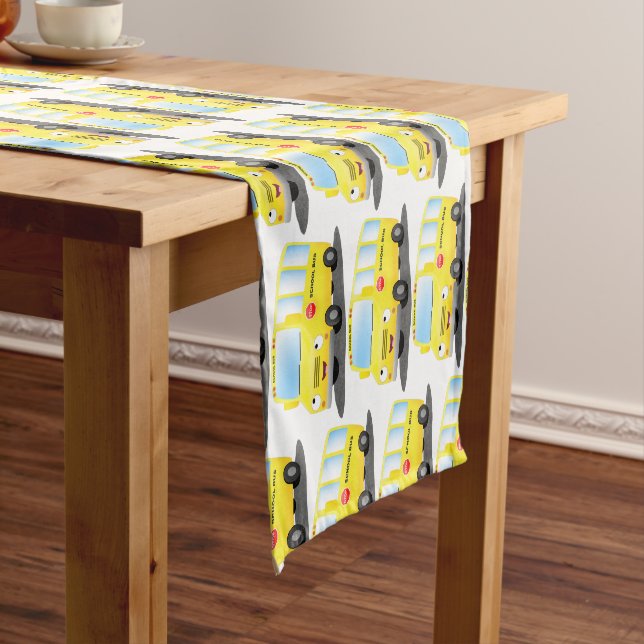 Cute happy yellow school bus cartoon short table runner (In Situ)