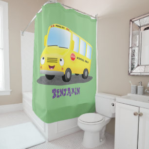 Cute happy yellow school bus cartoon  shower curtain