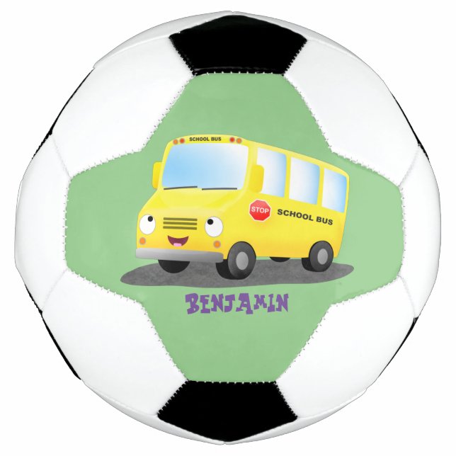 Cute happy yellow school bus cartoon soccer ball (Front)
