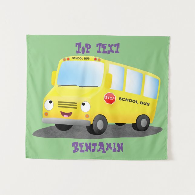 Cute happy yellow school bus cartoon tapestry (Front (Horizontal))