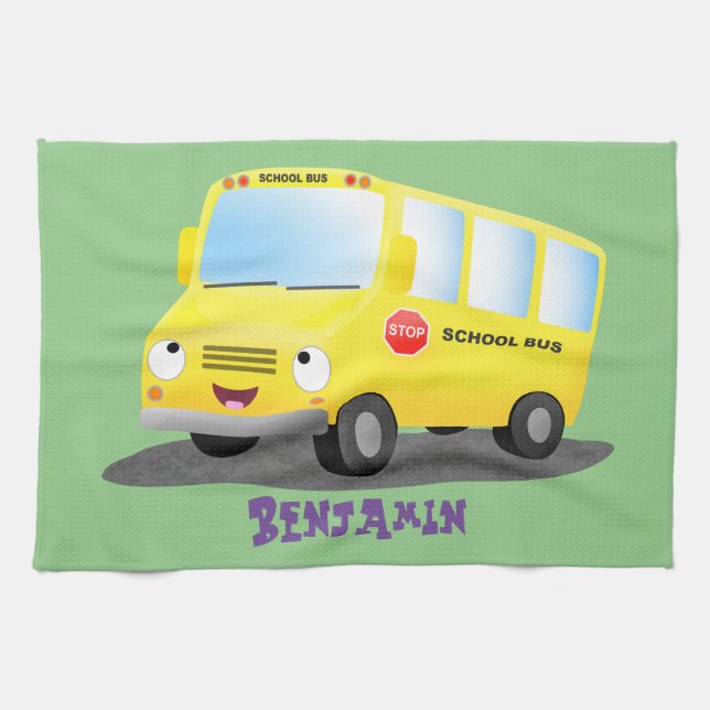 Cute happy yellow school bus cartoon tea towel (Horizontal)