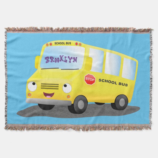 Cute happy yellow school bus cartoon throw blanket (Front)