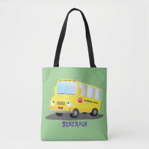Cute happy yellow school bus cartoon tote bag